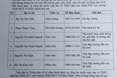 Thông báo SĐT hỗ trợ học sinh đăng ký dự thi vào 10 THPT năm học 2026-2027 của trường TH&THCS Tô Hiến Thành